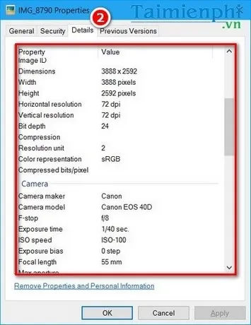 Xem các thông tin metadata chi tiết tại thẻ Details trong Windows Explorer