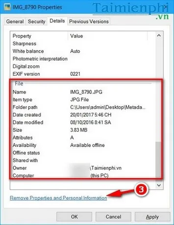 Các trường thông tin như ngày tạo, đường dẫn thư mục và chủ sở hữu file