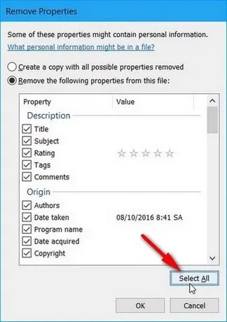 Chọn Select All để xóa tất cả siêu dữ liệu có thể loại bỏ khỏi hình ảnh