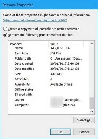 Chọn các trường dữ liệu cần loại bỏ (metadata) khỏi file ảnh