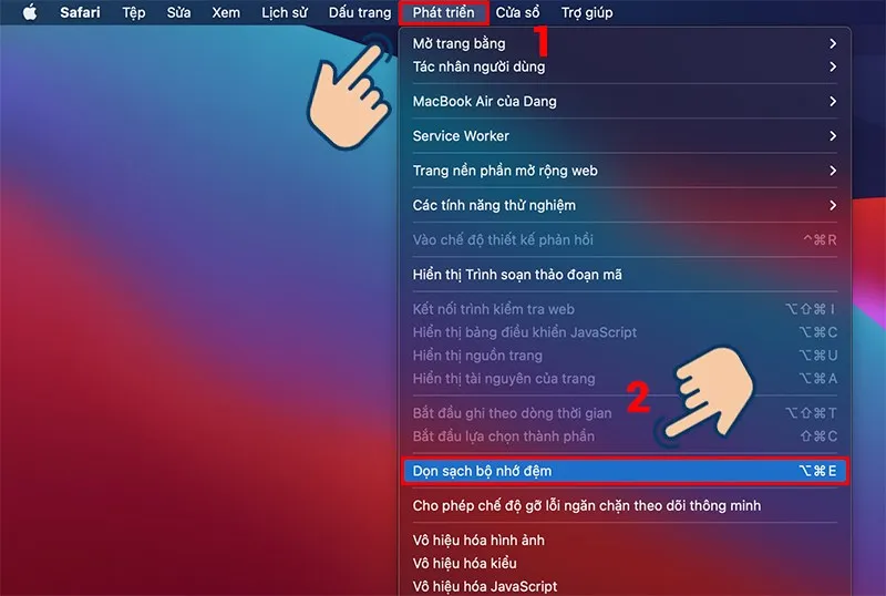 Chọn vào Phát triển và nhấn Dọn sạch bộ nhớ đệm.