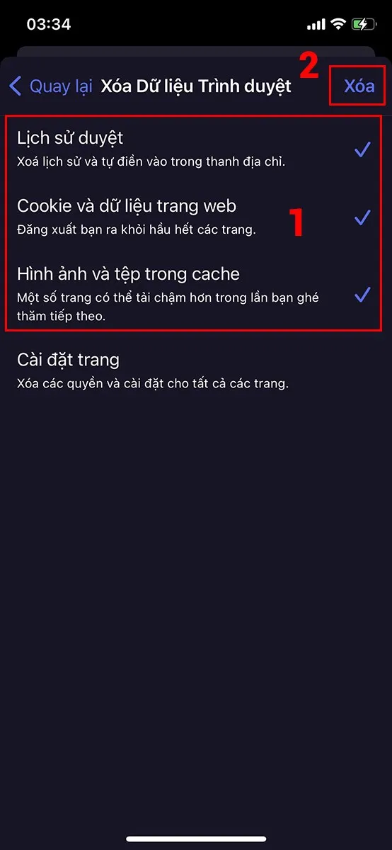 Tại đây bạn hãy chọn vào các dữ liệu mà bạn muốn xoá và nhấn Xoá.