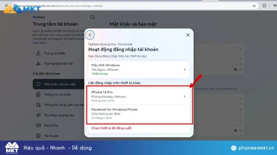 Danh sách chi tiết các thiết bị đã từng đăng nhập Facebook và tùy chọn đăng xuất