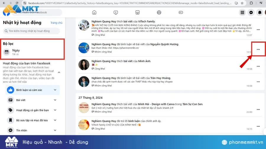 Giao diện Nhật ký hoạt động (Activity Log) Facebook, nơi quản lý các tương tác đã thực hiện