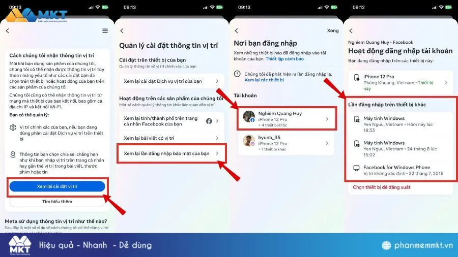 Giao diện quản lý vị trí đăng nhập tài khoản Facebook trên trình duyệt máy tính