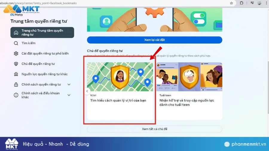 Hướng dẫn truy cập mục quản lý vị trí trong Trung tâm quyền riêng tư Facebook trên PC