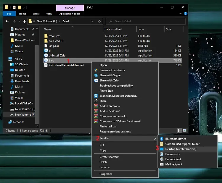 Tạo shortcut cho file Zalo.exe ra màn hình desktop