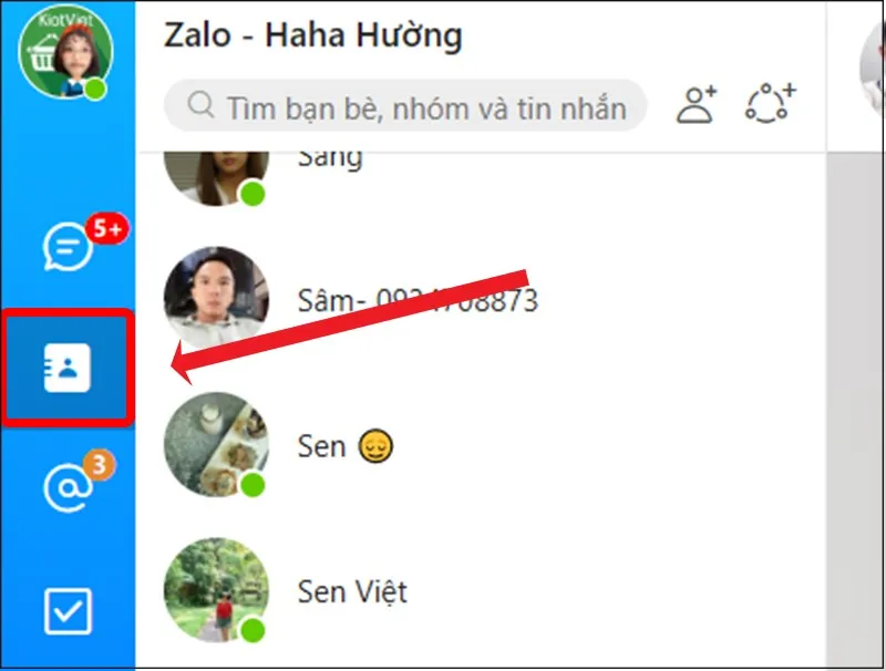Giao diện Zalo PC, chọn biểu tượng Danh bạ