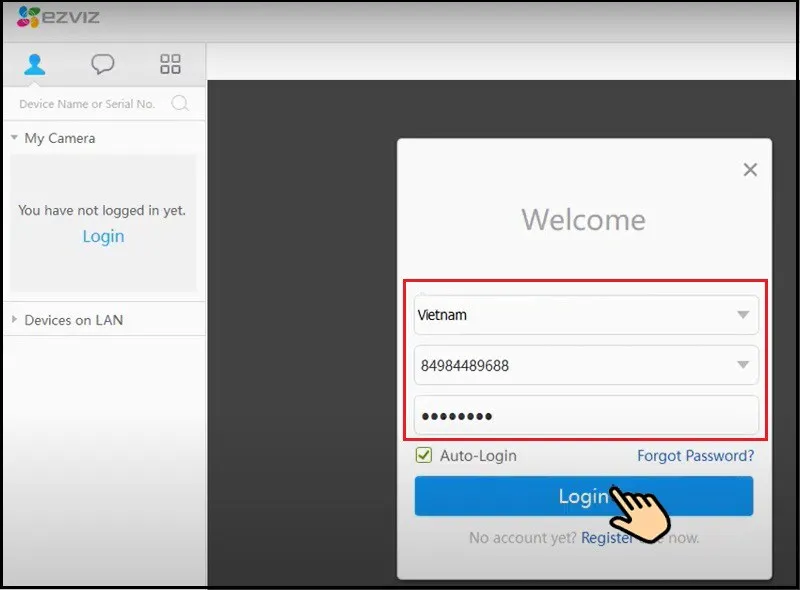 Chọn Vietnam, nhập số điện thoại kèm mã Quốc Gia 84, nhập mật khẩu và chọn Login