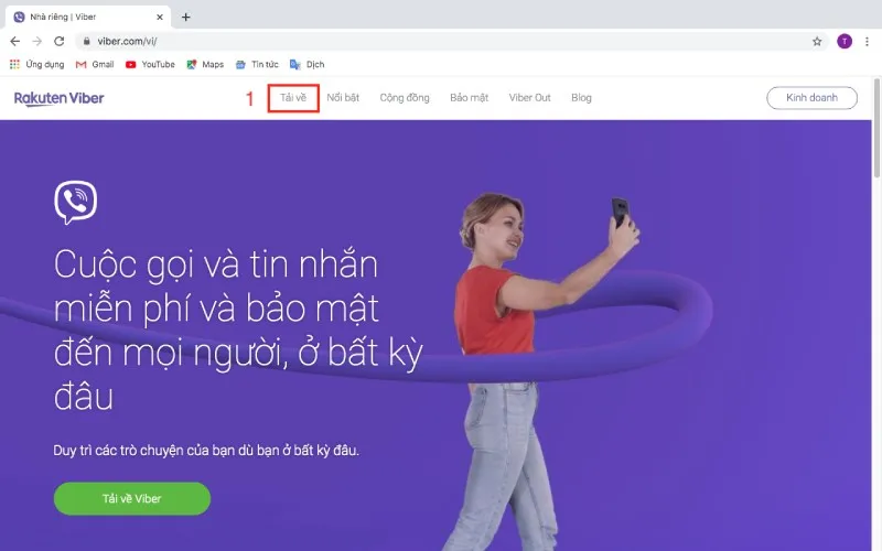 Alt text mô tả việc truy cập trang web Viber và nhấp vào nút tải về