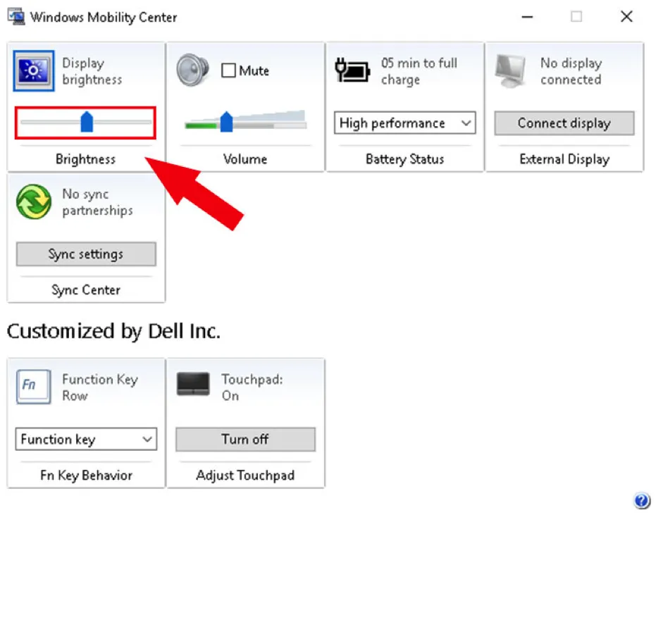 Thanh trượt điều chỉnh độ sáng màn hình trong Windows Mobility Center