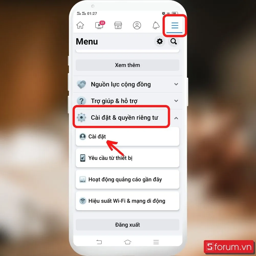 Cách bật theo dõi trên Facebook trên điện thoại: Bước chọn Menu và Cài đặt