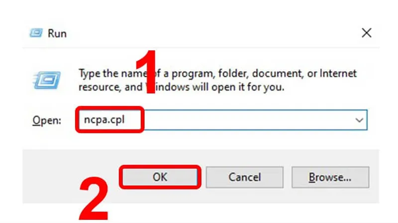 Mở cửa sổ Run và gõ ncpa.cpl để thiết lập địa chỉ IP tĩnh