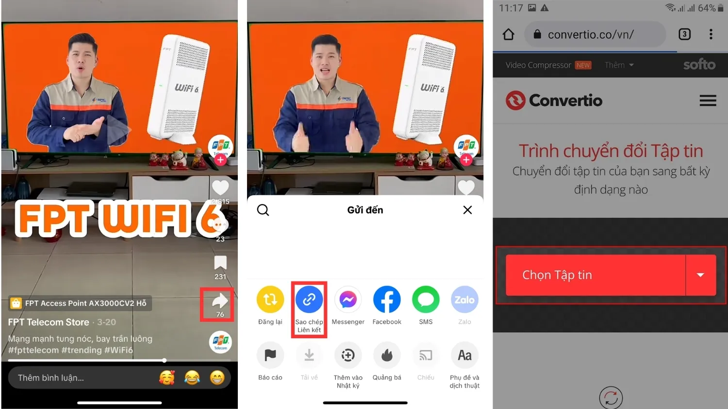Sao chép liên kết video TikTok và dán vào Convertio để chuyển đổi tệp.