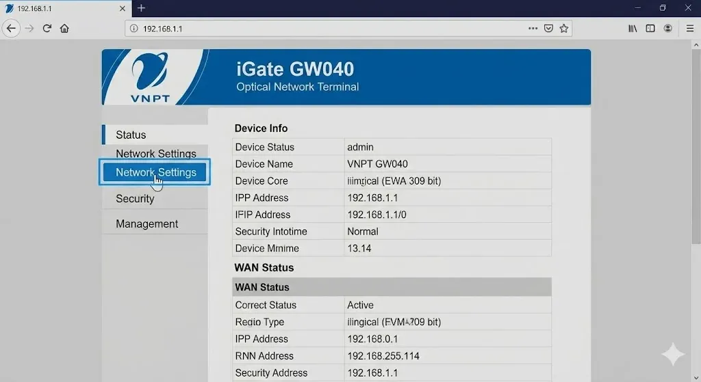 Chọn mục Network Settings trên giao diện quản lý modem VNPT