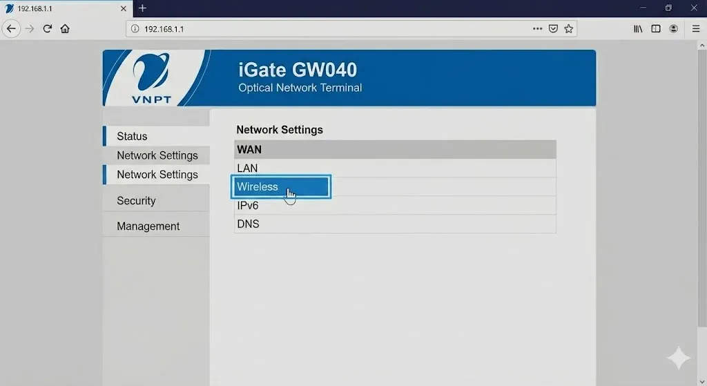 Chọn mục Wireless trong Network Settings để cài đặt wifi VNPT