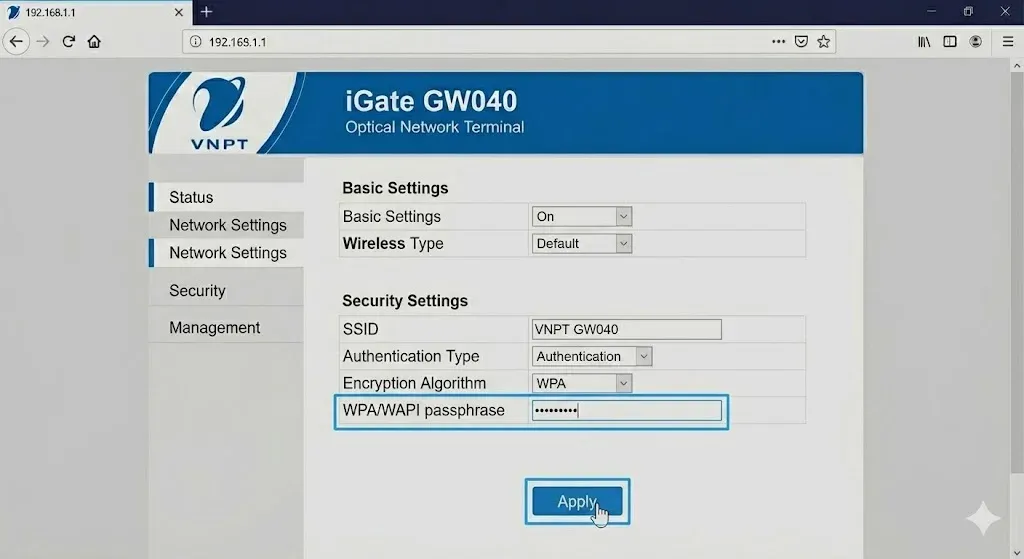 Nhập mật khẩu mới tại ô WPA/WAPI passphrase modem iGate