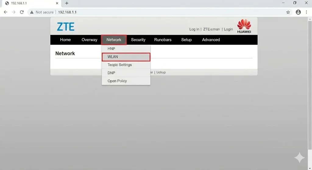 Chọn tab Network WLAN Security trên giao diện modem ZTE Huawei