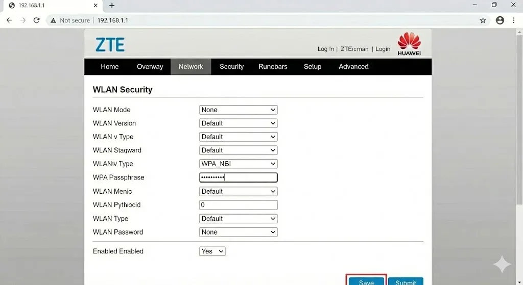 Nhấn Submit hoặc Save để hoàn tất đổi mật khẩu wifi VNPT