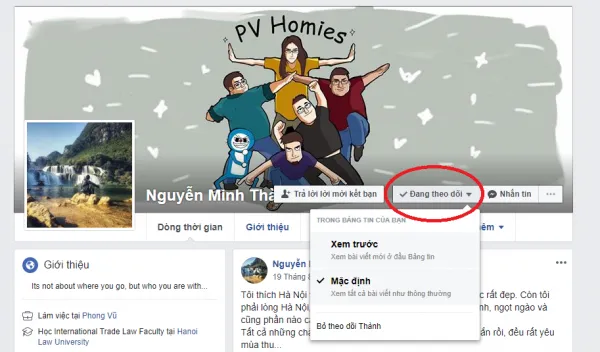 Nút theo dõi (Follow) trên trang cá nhân của một tài khoản Facebook