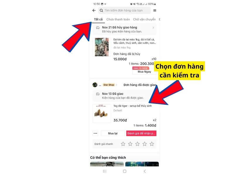 Chọn đơn hàng cần kiểm tra trạng thái vận chuyển