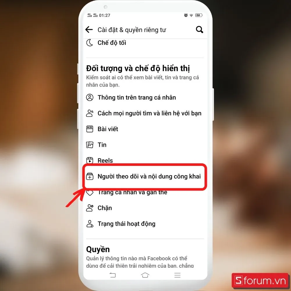 Chọn Người theo dõi và nội dung công khai trong phần Cài đặt của Facebook