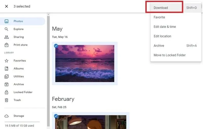 Menu Thêm tùy chọn để Download ảnh riêng lẻ từ Google Photos