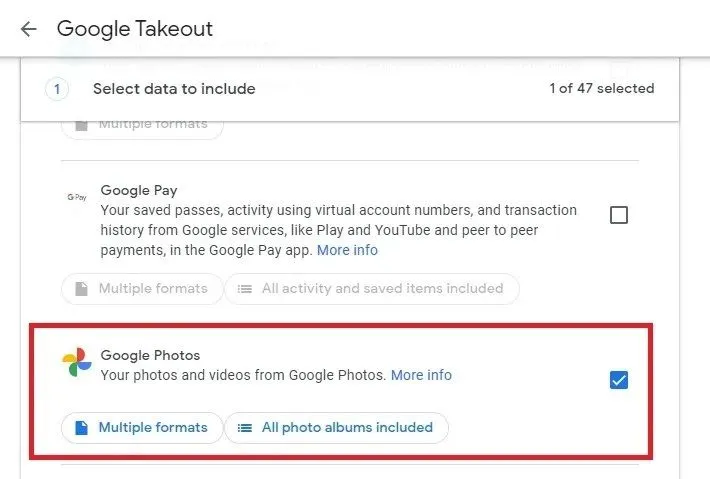 Chọn Google Photos và Tùy chỉnh album bao gồm trong bản xuất dữ liệu Google Takeout