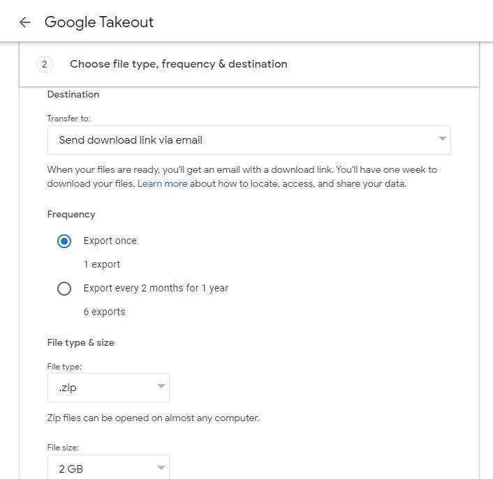 Thiết lập tùy chọn xuất file (Định dạng, kích thước, tần suất) trên Google Takeout