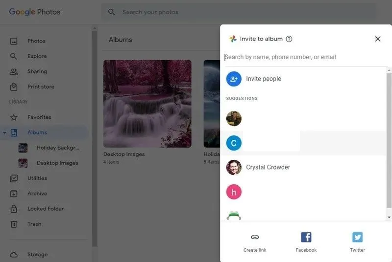 Tùy chọn Shared album (Album được chia sẻ) để chuyển ảnh giữa các tài khoản Google