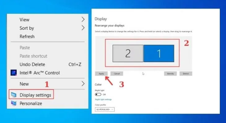 Người dùng nhấn chuột trái vào màn hình Desktop và chọn Display settings để điều chỉnh cách nối 2 màn hình máy tính