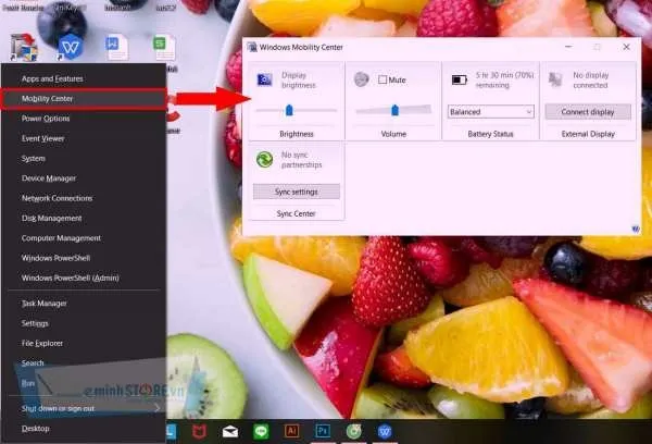 Windows Mobility Center điều chỉnh độ sáng và âm lượng