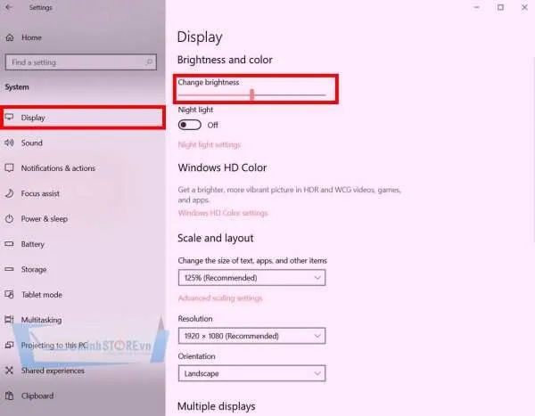 Settings Display Brightness và Night light