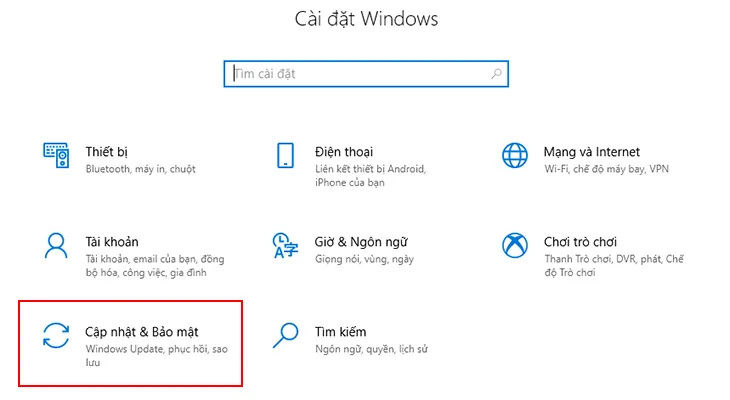 vào Menu start >> Cài đặt >> Cập nhật và bảo mật.