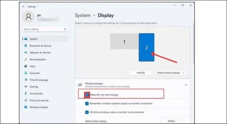 Người dùng tích vào ô Make this my main display khi thiết lập cách nối 2 màn hình máy tính