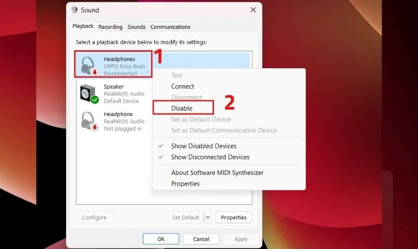 Kiểm tra các thiết bị phát lại trong tab Playback là bước thiết yếu trong cách sửa lỗi tai nghe trên máy tính