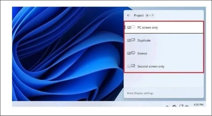 Để mở tùy chọn chế độ hiển thị, người dùng nhấn tổ hợp phím Windows + P khi nối 2 màn hình máy tính