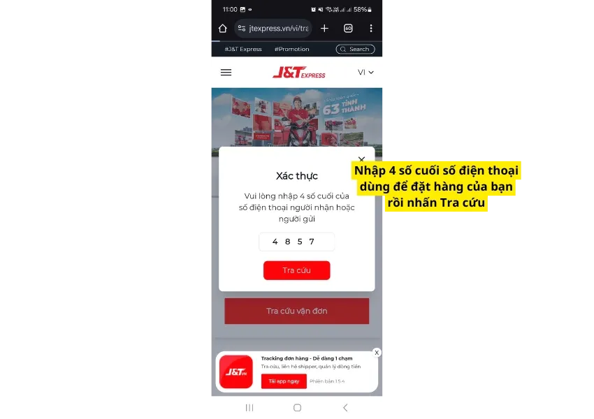 Xác nhận 4 số cuối điện thoại khi tra cứu đơn hàng