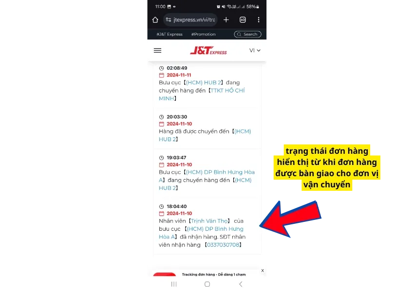 Kết quả tra cứu chi tiết quá trình vận chuyển đơn hàng