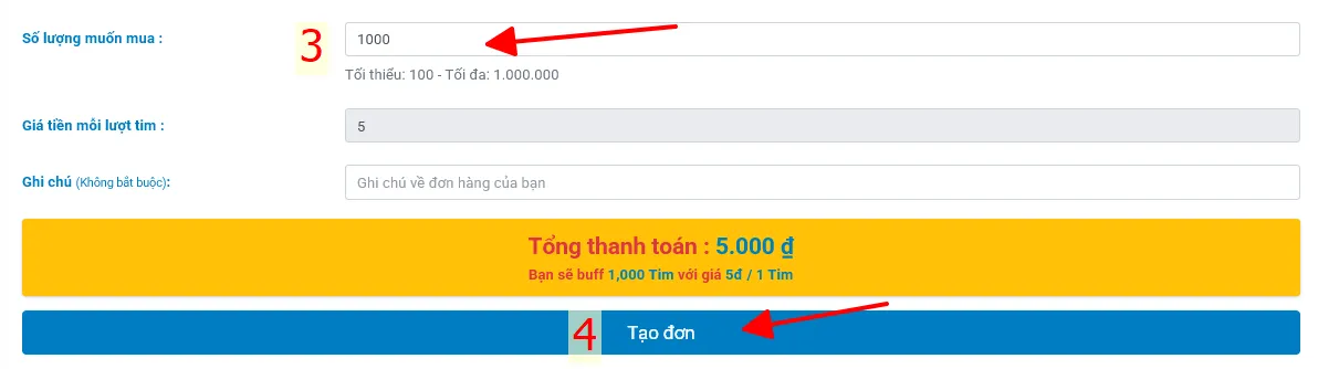 Chọn số lượng tim cần tăng