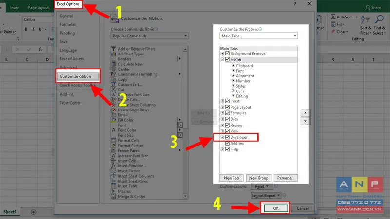 Chọn Customize Ribbon, Developer và nhấn OK trong Excel Options