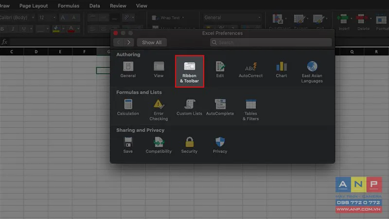 Chọn Ribbon & Toolbar trong phần Authoring của Excel Preferences