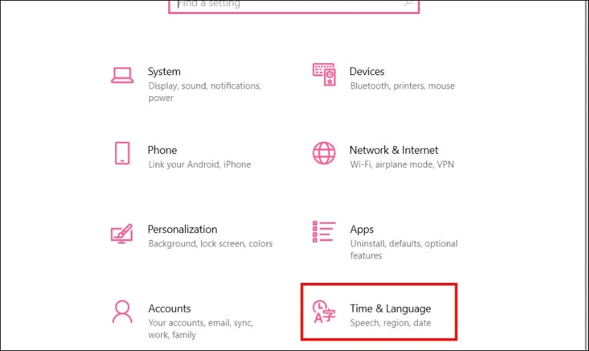 Nhấn tổ hợp phím Windows + I để mở Cài đặt, sau đó chọn Time & Language