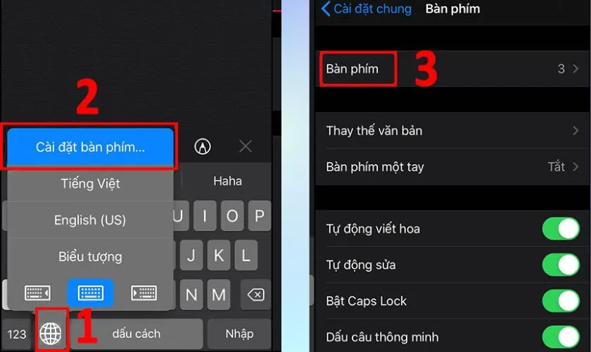 Mở bàn phím lên và nhấn giữ biểu tượng trái đất, sau đó nhấn chọn Cài đặt bàn phím...