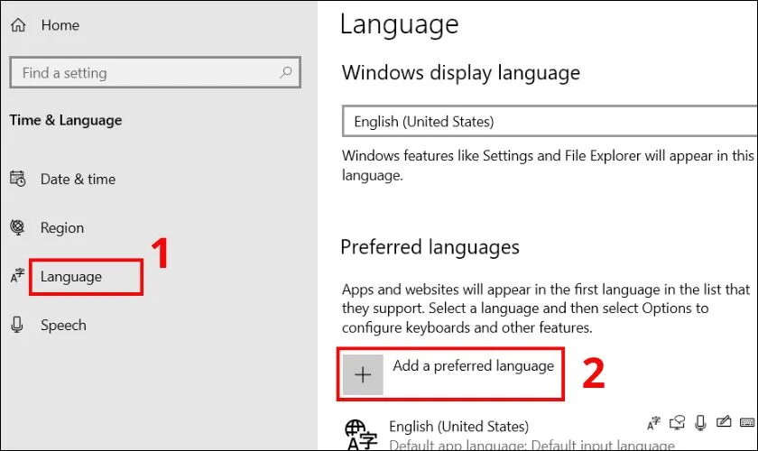 Tiếp tục chọn Language, sau đó chọn Add a preferred language