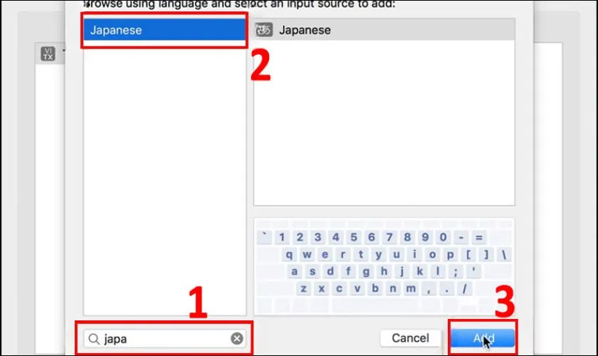 Tìm kiếm và chọn Japanese, sau đó nhấn Add
