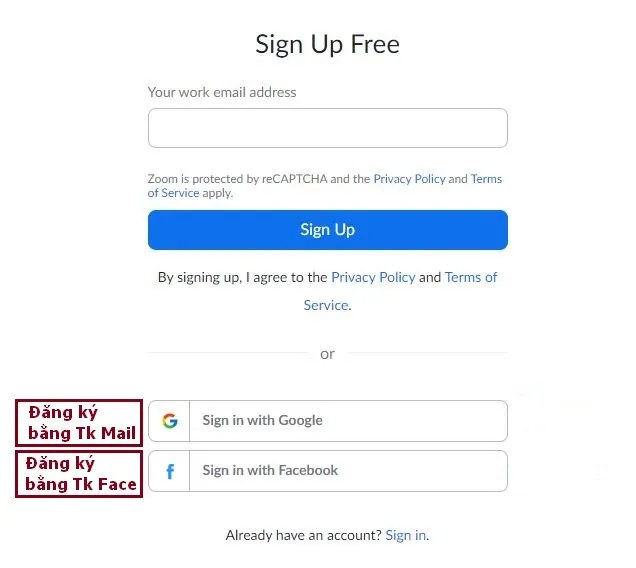 Các lựa chọn đăng nhập nhanh bằng Google hoặc Facebook khi sử dụng phần mềm Zoom Cloud Meeting