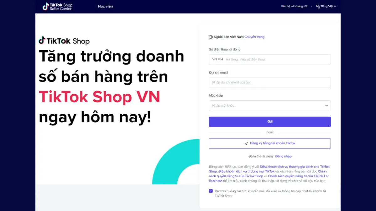 Cách đăng ký bán hàng trên TikTok Shop cá nhân - bước 1