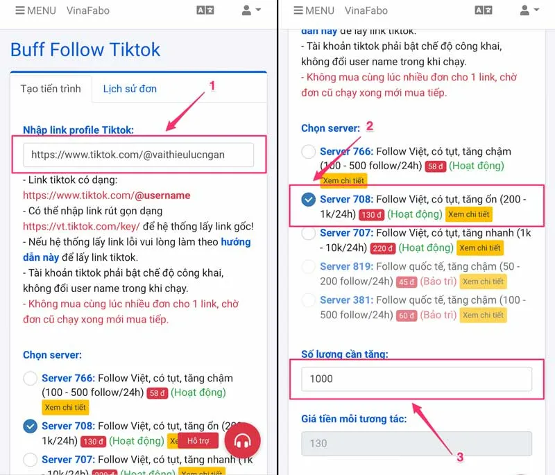 Tạo đơn hàng buff follow TikTok