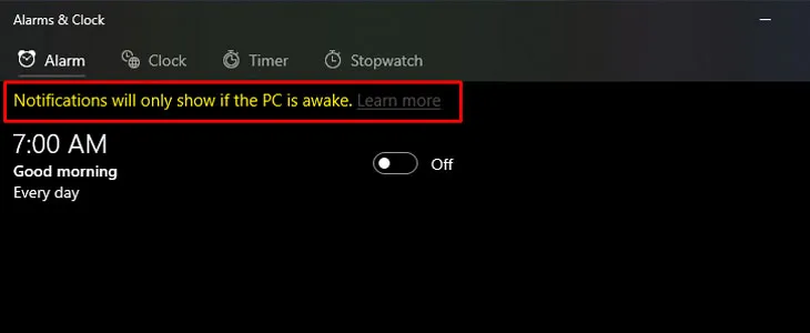 Thông báo màu vàng nhắc nhở bạn nên giữ thiết bị trong trạng thái thức